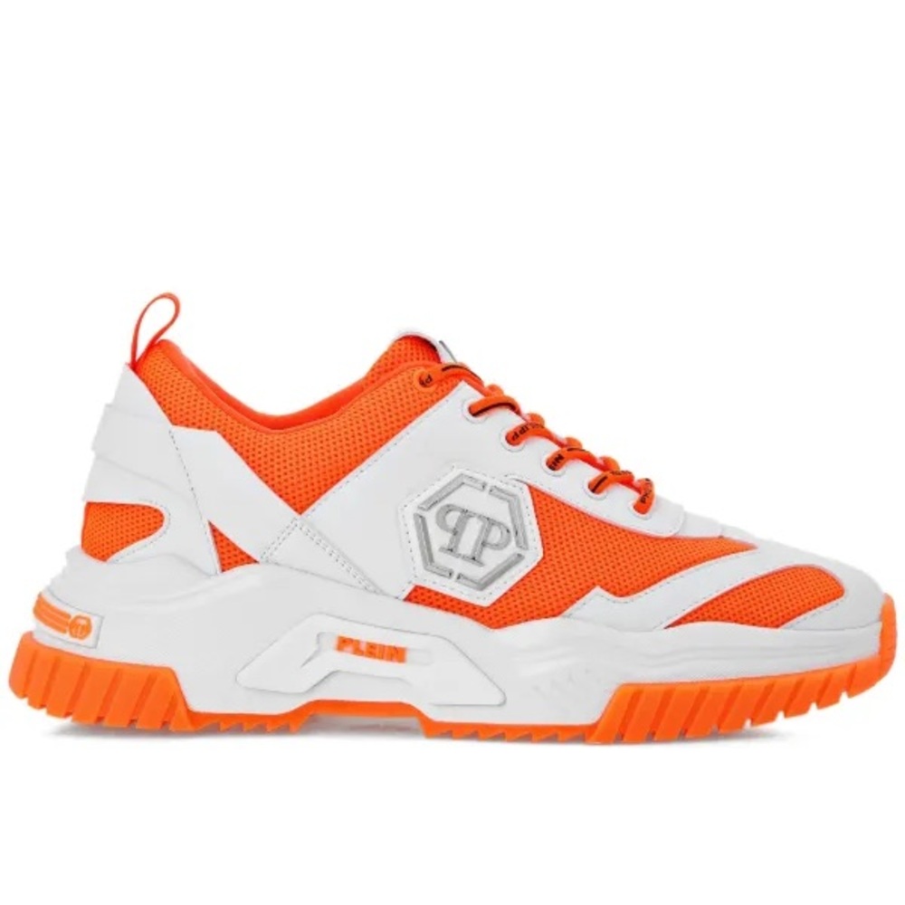 Philipp Plein Predator White Orange Mesh Panel Lace-Up Sneakers